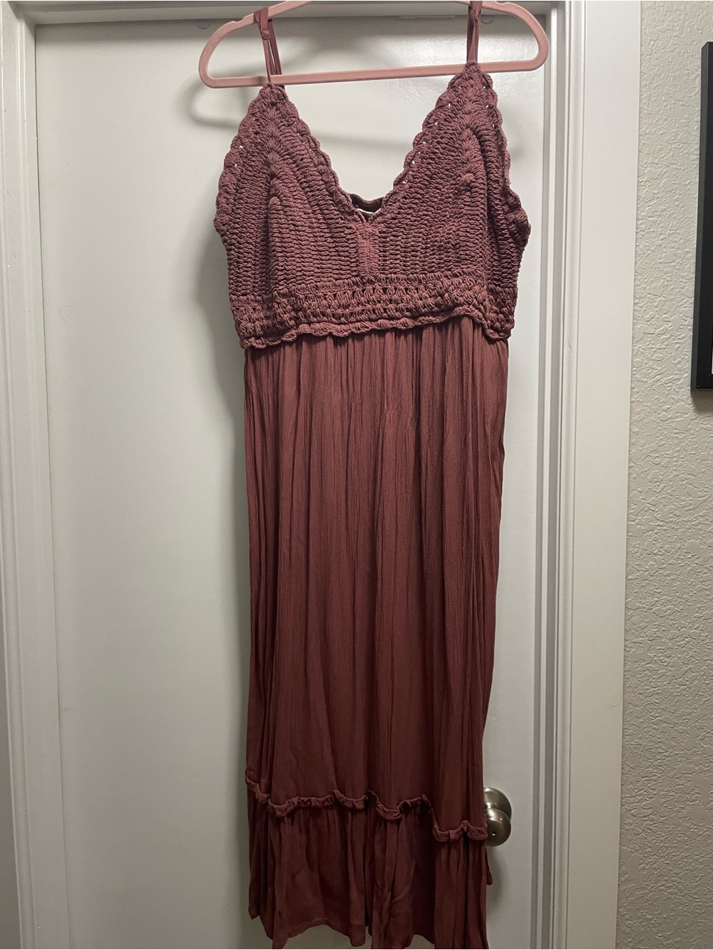 Unique Vintage Mauve Crochet Bodice Maxi Dress